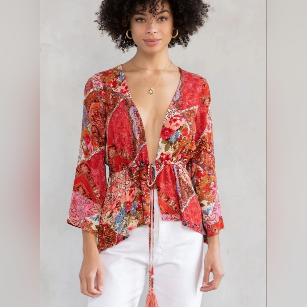 Lovestitch Retro Floral Tie Front Kimono Top